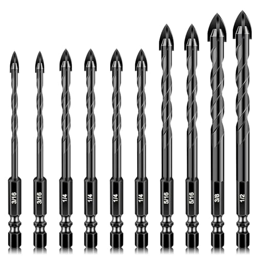 AIMLENTOOL 10PCS Masonry Drill Bit Set, Professional Hex Shank Concrete Drill Bit Set, 3/16”-1/2” Cement Drill Bits with Tungsten Carbide Tip for Glass, Metal, Brick, Tile, Concrete, Plastic and Wood
