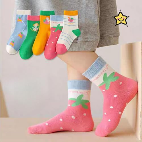 5 Pairs Girls' Crew Socks for 1-14 Years Old for Spring Fall, Cute Cartoon Strawberry Mid Calf Socks for Kids Toddler2