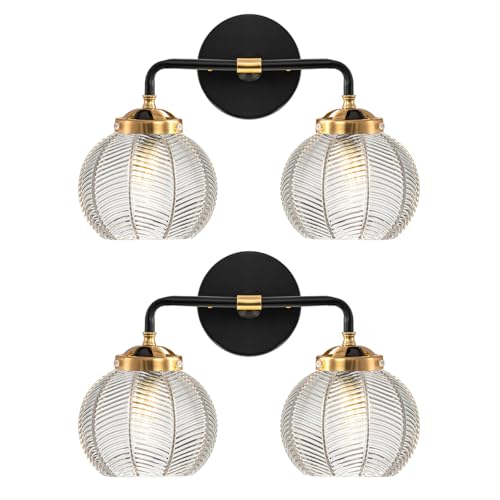 Image of Mid Century Modern Wall Sconce Bathroom Light fixtures 2 Light Ribbed Globe Sconces Vanity Lighting Fixture Black and Gold Vanity Lights Double Wall sconces with Clear Glass Shades