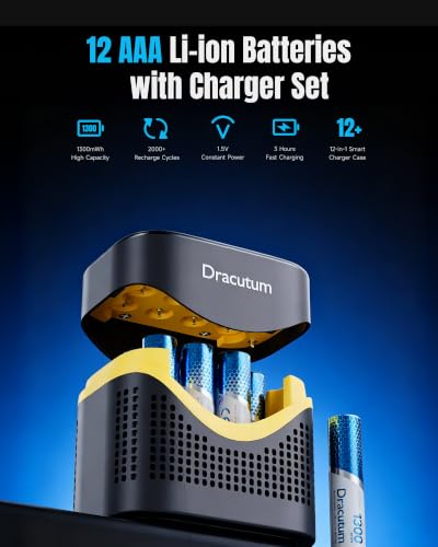 Image of 12-Pack 1300mWh Rechargeable AAA Lithium Batteries with Charger