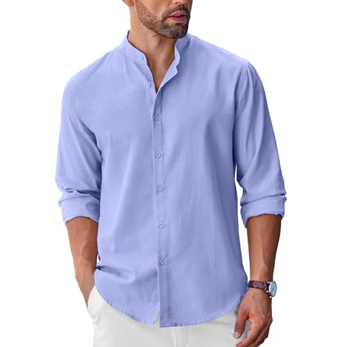 Image of COOFANDY Men's Long Sleeve Oxford Dress Shirts Casual Band Collar Shirts, Light Blue, Medium