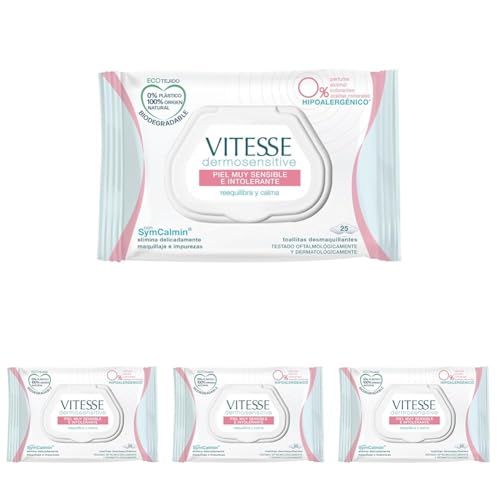 Vitesse, Dermosensitive Toallitas Desmaquillantes Hipoalergénicas para Piel Muy Sensible e Intolerante, Reequilibra y Calma, Elimina Delicadamente Maquillaje e Impurezas, Sin Alcohol, 25 unidades