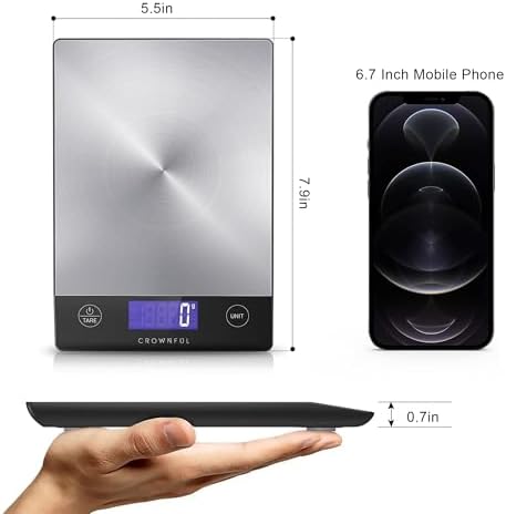 CROWNFUL Food Scale, 33lb Rechargeable 304 Stainless Steel Digital Kitchen Scale Weight Grams and Ounces with LCD Display and Type-C Charging for Meal Prep, Baking and Cooking - 5