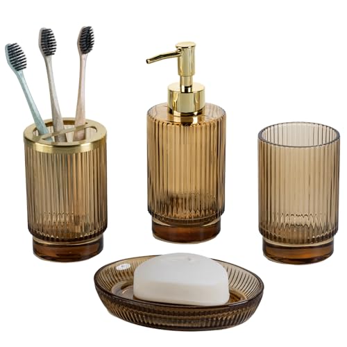MyGift 4 Piece Modern Embossed Fluted Amber Glass Bathroom Accessories Set with Brass Tone Metal Accent Includes Soap Dish, Tumbler Cup, Toothbrush Holder and Pump Dispenser