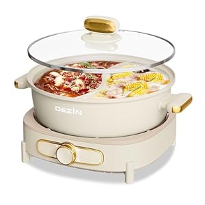 Dezin Hot Pot Electric with Divider, 5L Double-Flavor Shabu Shabu Pot, Dual Sided Removable Non-Stick Hotpot Pot Electric, 3″ Depth Chinese Hot Pot with Multi-Power Control, 2 Silicone Ladles Included