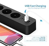 Listwa Zasilająca JSVER Surge Protector z Przełącznikiem,Inteligentne ładowanie USB z 6 Gniazdami i 4 porty USB (5V3.4A), Montowane na ścianie do Smartfona, Domu, Biura, 2M-Czarne