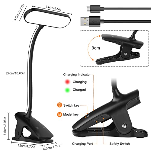 Ufanore LED Desk Lamp, 36 LED USB Rechargeable Reading Light with 5 Color Modes 5 Brightness, Eye Protection Book Clamp Clip on Light for Home Office Bed Kids Study, Black