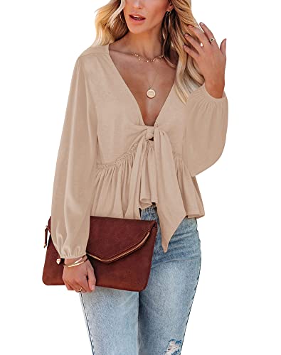 Fanway&EC Women's Long Sleeve V Neck Blouses Babydoll Tie Front Shirts Ruffle Hem Casual Crop Tops