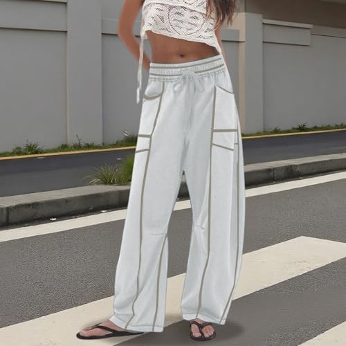 Baggy Barrel Pants Women,Drawstring High Waist Casual Pants - Wide Leg Sweatpants | Contrast Patchwork | Fall Outfits2
