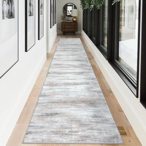 KOZYFLY Modern Abstract Kitchen Runner Rug, 2.6x12 Washable Rug Runner Non-Slip Soft Striped Hallway Runner Rugs, Beige Print Distressed Carpet Runner for Entryway Bathroom Laundry Room Foyer