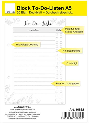 TimeTEX Block mit 50 To-Do-Listen A5-50 Vordrucke für den besseren Überblick - 10882
