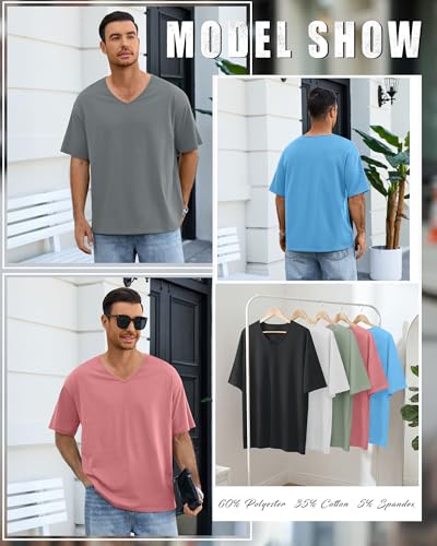 Neer 5 Pack Men's Oversized T Shirts V Neck Short Sleeve Soft Shirts Casual Basic Tee Loose Workout Solid Tops(Sky Blue, Pink, Bean Green, Light Gray, Charcoal Gray,X-Large)