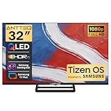 Antteq 32 inch Smart TV, FHD QLED TV Central Stand Design Tizen OS Television with AppleTV+ Netflix Freeview Gaming Hub, MEMC HDR10 Ideal Large Screen for Living Room, Made in the UK