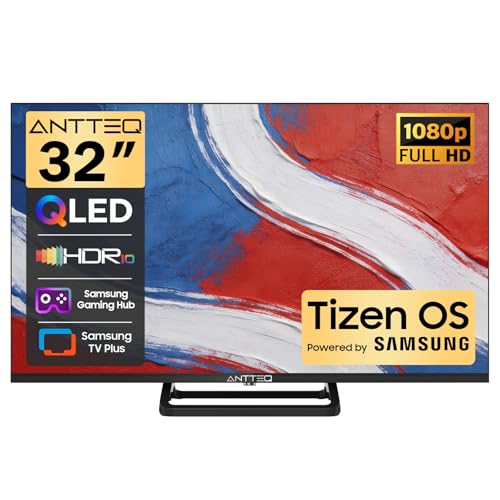 Antteq 32 inch Smart TV, FHD QLED TV Central Stand Design Tizen OS Television with AppleTV+ Netflix Freeview Gaming Hub, MEMC HDR10 Ideal Large Screen for Living Room, Made in the UK option