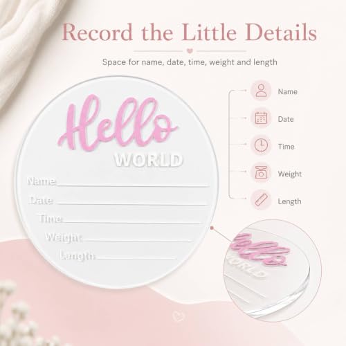 Image of Baby Announcement Sign, 5.9 Inch inchHello World inch Newborn Sign for Birth Announcement, Baby Name & Welcome Baby Board, Acrylic Newborn Announcement Sign for Hospital (Pink)