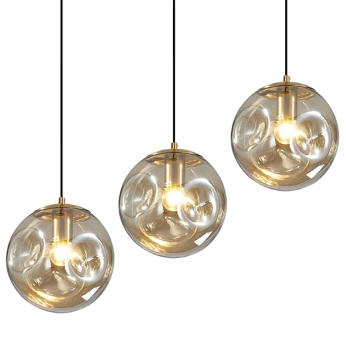 Modern Amber Concave Glass Pendant Light, 3-Pack Kitchen Island Lighting