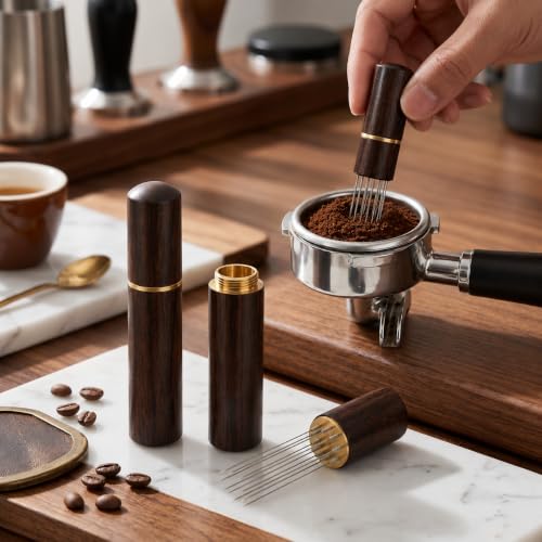 Image of Street27 Premium 4-in-1 Espresso Accessories Kit | WDT Coffee Needle Stirrer, 6 Stainless Steel Needles, Wooden Handle & Stand, Ceramic Dosing Tray, Coffee Scoop & Static Reducing Spray (Dark Edition)