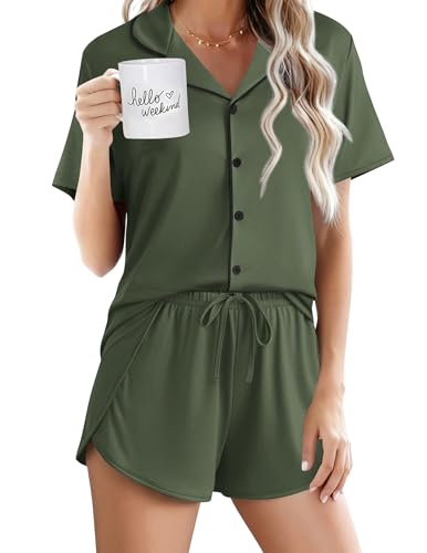 Image of Ekouaer Pajamas for Women Set Button Up Sleepwear 2 Piece Pjs Lounge Set Short Sleeve Nightwear