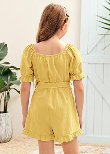 Dobulo Girl's Casual Puff Short Sleeve Summer Romper Button Elastic Waist Ruffle Short Jumpsuits #TOP3
