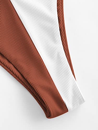 Zaful Women's Ribbed Colorblock Bikini Dual Strap Halter Swimwear High Leg Bikini Set #TOP5