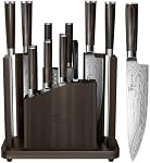 SYOKAMI 15-Piece Set de couteaux de cuisine avec bloc magnétique, bloc de couteau de steak amovible pour le service de la table, Aiguillage intégré, Inspiré japonais, Poignée en bois, Dessin de Damas, Cadeaux de chauffage ménager