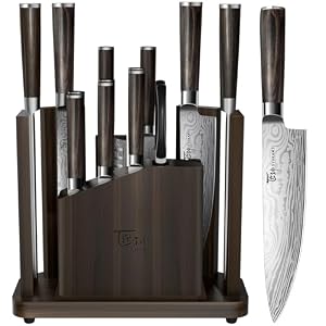 SYOKAMI 15-Piece Kitchen Knife Set with Magnetic Block, Detachable Steak Knife Block for Table Service, Built-In Sharpener, Japanese Inspired, Wood Handle, Damascus Pattern, Housewarming Gifts