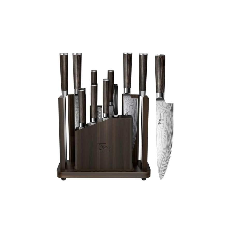 SYOKAMI 15-Piece Kitchen Knife Set with Magnetic Block, Detachable Steak Knife Block for Table Service, Built-In Sharpener, Japanese Inspired, Wood Handle, Damascus Pattern, Housewarming Gifts