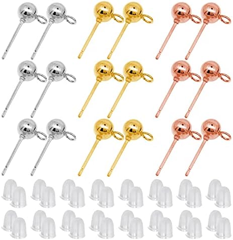 600Pcs Ball Post Earring Studs Set for Jewelry Making,300Pcs Earring Studs Ball Ear Pin Ball Post Earrings with Loop with 300Pcs Rubber Earring Back Replacements for DIY Jewelry Making Findings