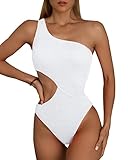 Limeeke Women's Sexy Cutout One Piece Swimsuit One Shoulder Swimwear Ribbed Monokini Bathing Suit White S