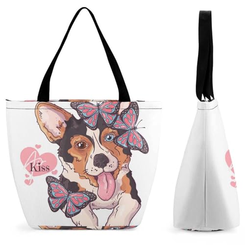 Sac de shopping papillon chien pour femme : grand sac à main bandoulière voyage 32,5cm