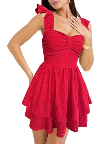 Image of HESUUIO Women's Summer Mini Dress Elegant Backless Hollow Out Eyelets Layered Flowy Swing Short Party Dress Casual Sundress