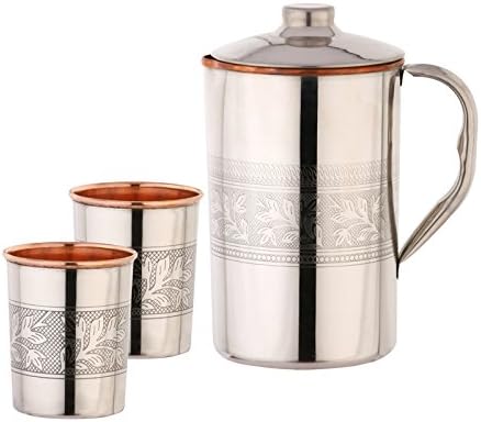 Zap Impex Indian Drinking Copper Embossed Jug with 2 Glasses Outside Stainless Steel inside Copper for Home, Kitchen and Restaurant