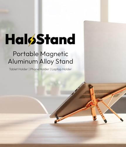 Image of KAPAVER HaloStand 5in1 Portable Magnetic Aluminum Alloy Stand, 360 Adjustable Laptop, Tablet, Phone Holder with 8-Level Height Adjustment & Foldable Design (Cosmic Orange)