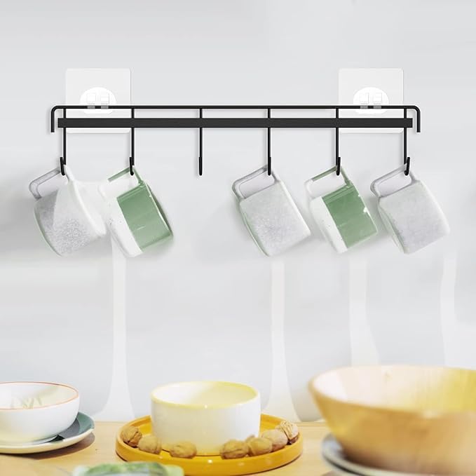 Image of ROTTO Stainless Steel Kitchen Utensil Hanger Adhesive Wall-Mounted Rail for Mugs, Spoons, Cups, and Tags (Black, Pack of 2)
