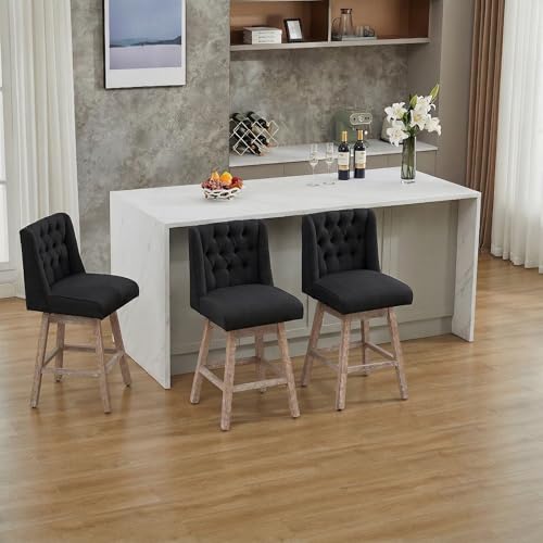 Image of 28 inch Swivel Bar Stools Set of 2, Counter Height Barstools with Back, Linen Fabric Upholstered Bar Stools, Modern Barstools Wood Legs for Kitchen Island Dining Room Bar