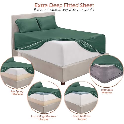 Image of Hearth & Harbor Extra Deep Pocket Full Size Sheets - 4 Piece Hotel Luxury Full Size Sheet Set Fits Up to 24 inch Mattress - Ultra Soft Luxury Bed Sheet Set - Full, Forest Green | 4 Piece Bed Sheet Set, Ultra Soft & Breathable, Fits Up to 24 inch Mattress, Hotel Luxury