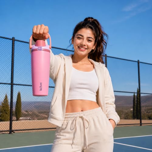 Image of KELVEE FreeSip Sway 900ml Insulated Stainless Steel Water Tumbler with Two-Way Spout & Straw, Bucket Handle, Leak-Proof BPA-Free Sports & Travel Sipper for School, Gym & Outdoor (Bubblegum)