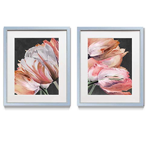 Renditions Gallery Pastel Parrot Tulips (Closed) 2 Piece Framed Artwork Set, Colorful Floral, Botanical, Flower Art, Silver Frame & White Mat, Plexiglass, 16 In W X 20 In H, Made in America
