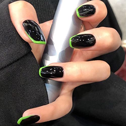 Acedre French Nails Press on Tips Black Coffin Fake Nails Short Fasle Nails Ballerina V Shape Faux Nails Art for Women and Girls (24 PCS）