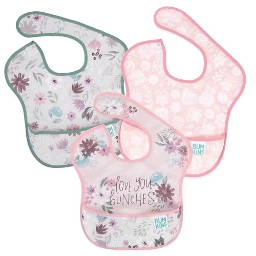 Image of Bumkins Bibs for Girl or Boy, SuperBib Baby and Toddler for 6-24 Months, Essential Must Have for Eating, Feeding, Baby Led Weaning Supplies, Mess Saving Catch Food, Fabric 3-pk Floral and Lace