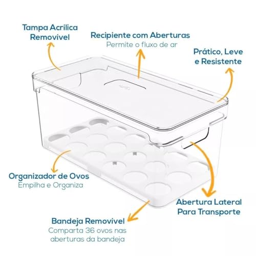 Organizador de Ovos Para Geladeira Acrílico Super Transparente Com Bandeja
