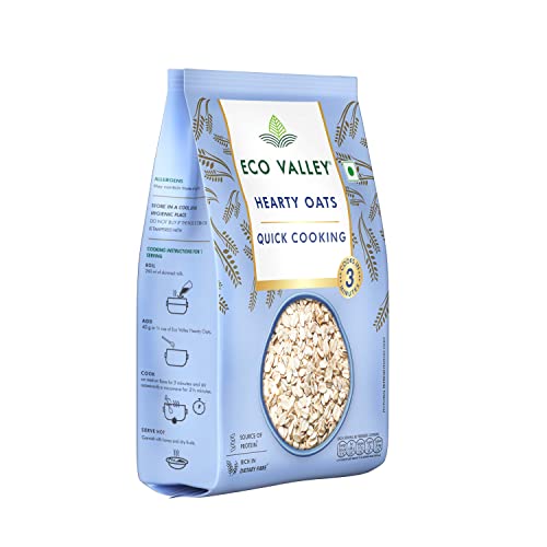 Image of Eco Valley Hearty Oats - 1 KG - Rich in Protein and Fibre | 100% natural grain | Cooks in 3 Minutes | Quick Cooking Oats | No added Sugar (Pack of 2)