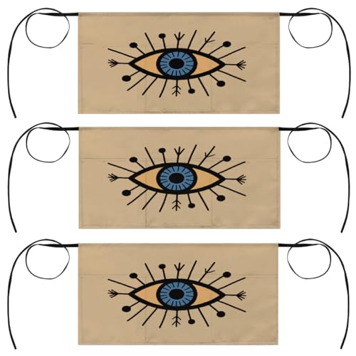 Dusviba Evil Eye 3 Pack Server Aprons with Pockets, Polyester Half Waist Aprons for Men & Women, Water-Resistant Waitress Aprons for Restaurant, Kitchen Bar Garden 23.6 x 12 In