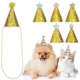 RUNROTOO ペット用バースデーハット 調節可能なゴムバンド付き 布地製 小型犬 猫対応 パーティーキャップ お祝い写真撮影に最適 ポンポン付きバースデーパーティーデコレーション ランダムカラー 8個入り