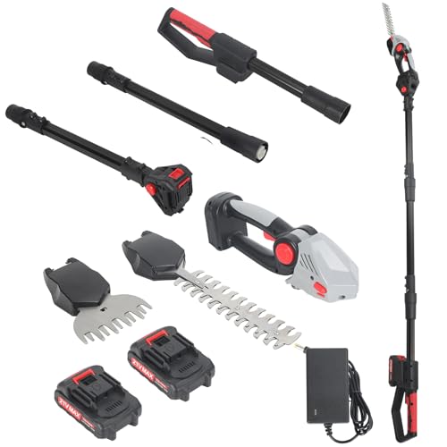 Taille Haie Batterie à 2-en-1 21V Mini Pole, Taille Haie avec Perche d'Extension, Tailles Haies Telescopique, Tailles Haies Electrique Réglable Multi-Angles, Batterie et Chargeur Inclus (Noir)