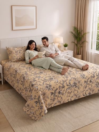 Image of Mafatlal 130 GSM Pearl Premium Double Bedsheet Set with 2 Pillow Covers | 90 x 100 Inch | Cozy Microfiber Weave | Shrink Resistant, Durable, Breathable, Modern Bedroom Essential | Beige Floral