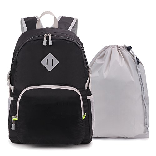 STARCARE 25L Lightweight Packable Backpack Travel Hiking Daypack for Men and Women, Water Repellent Nylon Cloth and Durable Accessories, with a Drawstring Bag. (Black)