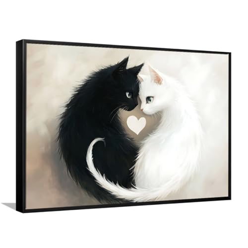 Cat Wall Art Framed Canvas Print Yin Yang Cats Black and White with Heart Minimal Zen Decor for Living Room Bedroom Nursery Home Office Entryway Gallery Wrapped(16"X24"Black-Frame)