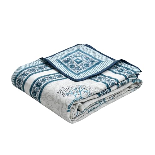 Image of BLOCKS OF INDIA Hand Block Printed Cotton Single Size Reversible Malmal Dohar for Summer (Blue Tree)-300 TC
