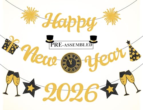 Happy New Year Banner | Gold Glitter Pre-Strung...